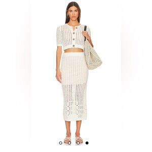 525 America Revolve Christina Crochet Knit Sweater Midi Skirt Set in Cream Small
